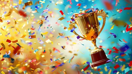 gleaming gold trophy cup amidst colorful confetti explosion victorious celebration concept illustration