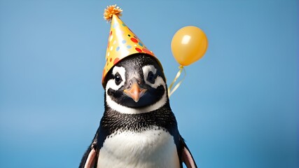 Penguin wearing a birthday hat in a studio, isolated on a blue background with copy space