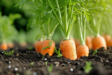 Vibrant carrots growing in fertile garden soil, symbolizing healthy organic farming