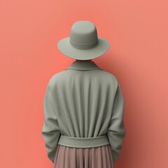 Modern minimalist fashion concept. Person in a stylish coat and hat standing against a pastel coral wall, emphasizing simplicity and elegance.
