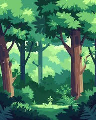 Lush green forest illustration with dense trees and foliage, ideal for nature and outdoor-themed designs, wallpapers, or educational materials.