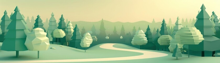 Scenic low-poly illustration of a forest landscape with a winding path through green trees and a soft gradient sky.