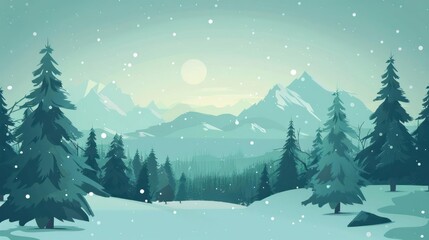 Illustration of a serene snowy mountain landscape with evergreen trees, falling snow, and a distant range at twilight. Perfect for winter themes.