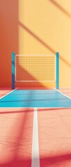 Bright minimalist indoor tennis court with contrasting colors. Orange, blue and white tones with shadows create a modern sports environment.