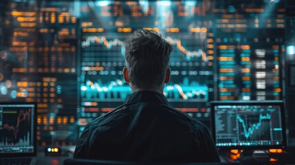 A man with cryptocurrency trading screen