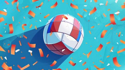 Colorful volleyball with red and white panels amid falling confetti on a blue background, symbolizing celebration and sports excitement.