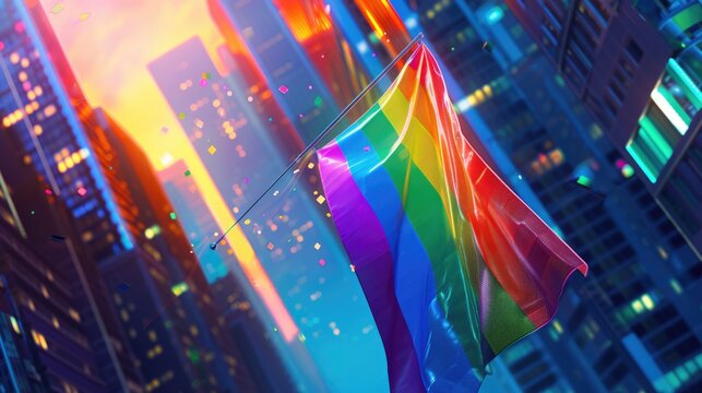 A holographic pride flag waves close-up in a cutting-edge urban setting, filled with vivid colors and sleek, futuristic buildings.
