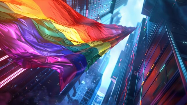 A holographic pride flag flutters in a futuristic cityscape, featuring vibrant hues and modern architecture. - Powered by Adobe