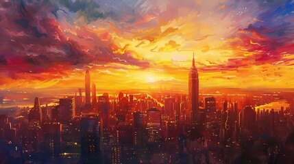 Fototapeta premium golden hour cityscape breathtaking sunset sky illuminating urban skyline capturing magical atmosphere oil painting