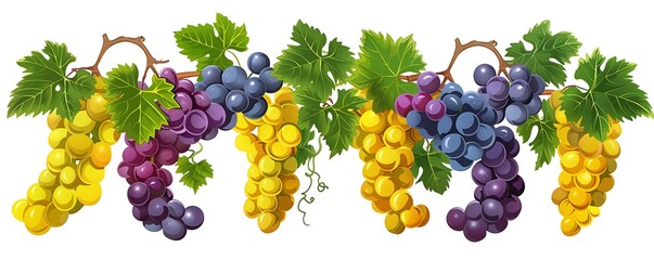 Colorful grape bunches with green leaves on a vine against a white background, this vector...