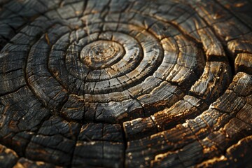 Detailed tree rings, closeup revealing age lines and texture, illuminated by natural light.