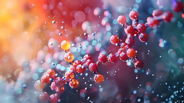 Design an artistic 3D visualization depicting insulin molecules binding with sugar molecules. Use contrasting colors and dynamic lighting to accentuate the process of glucose regulation at a molecular