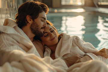 Couple spa day, a man and a woman lying by the pool while wearing bathrobes 