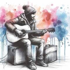 Street musician with guitar on watercolor background