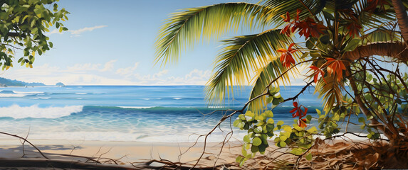 Paraíso tropical, Playa serena, Vegetación exuberante, Paisaje marino, Escena costera, Vida costera, Fotografía de playa, Playa y palmeras.