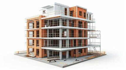 Building in half of construction with a finished building facade on white background