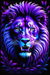 Abstract portrait of a adorable lion in glowing neon style.