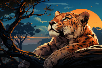 cartoon image of a sleeping cheetah head down and lying down on a tall tree branch in African savannah
