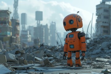 Solitary robot stands amidst the ruins of a once bustling city, symbolizing solitude and decay