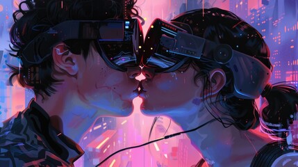 Obraz premium Embracing Love in Virtual Reality: Same-Gender Couple Sharing a Kiss in Futuristic Digital World, Modern Technology Romance