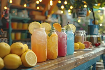Lemonade stand, colorful setup with refreshing drinks, cheerful and inviting, under the bright light of the sun.