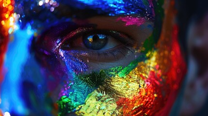 Futuristic Nanotechnology Face Paint: Close-up Portrait of Person with Rainbow-Colored Innovative Fashion