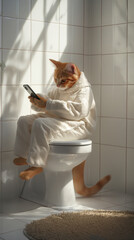 A portrait of a small orange tabby cat wearing white clothing sitting on an open toilet in a bathroom, happily and exaggeratedly playing with a phone. 