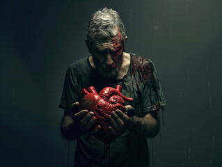 An old man holding a bloody heart with his hand. 