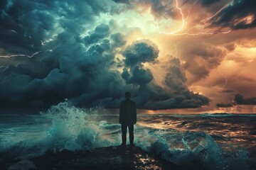 Obraz premium A man stands on a rocky shoreline in the middle of a stormy sea