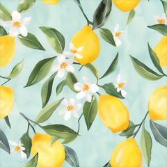Seamless pattern of Lemons with light blue background, watercolor painting, light green leaves and white flowers on the branches of lemons