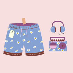 Illustration At DaisyPatterned Swim Shorts and Radiophone, Radio Cassette 