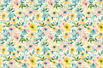 Watercolor floral seamless pattern with pastel flowers and green leaves, creating a delicate and elegant design, ideal for spring and feminine backgrounds