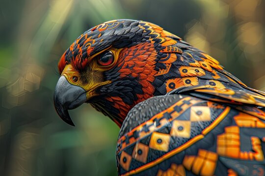 A colorful bird with a black and orange design on its head