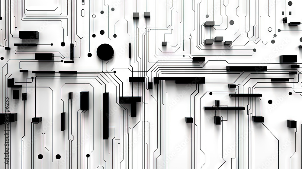 Poster abstract circuit board concept with black track lines on white background.