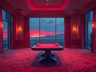 A luxurious red casino room with a panoramic view of the Las Vegas skyline, bathed in warm light from wall sconces and soft lighting from outside, featuring an elegant red roulette table and curtains