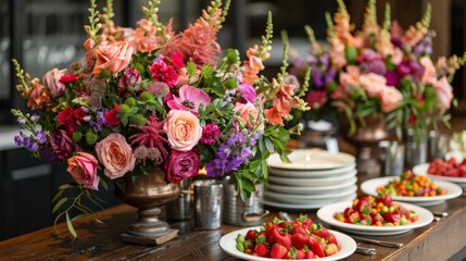event floral decor, beautiful flower displays on the buffet table elevate the events aesthetic with a classy touch