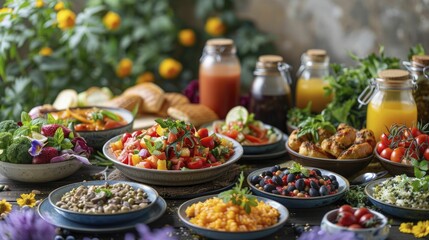 Plant-based recipes, colorful dishes and fresh ingredients, healthy and appetizing, with a touch of natural light.