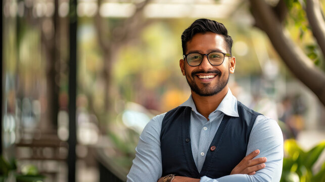 young indian businessman standing confidently at park