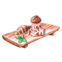 Croissant, cinnamon bun, muffin and mint on a wooden board in watercolor illustration on a white background. Hand drawn baking illustration for cafe, menu, cookbooks, bakery, coffee brand logo.