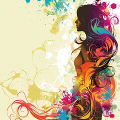 A woman with long hair is standing in front of a colorful background