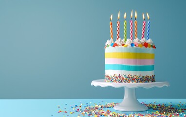 Colorful striped birthday cake with candles on a blue background, copy space for text stock photo, contest winner in the style of high resolution, high quality, 