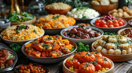 event catering service, a selection of scrumptious dishes elegantly displayed on the catering service table, ideal for weddings and special occasions