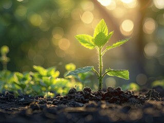 Seedling growth in sunlight, young plant in soil, warm morning light