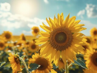 Obraz premium Sunflower field, vibrant yellow blooms and clear skies, cheerful and picturesque, bright daylight.
