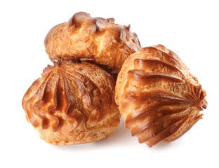Three profiteroles isolated on a white background. Mini eclair on white.