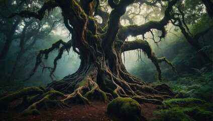 An ancient gnarled tree with twisted roots