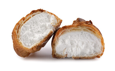 Porophytole cut in half with white cream isolated on a white background. Eclair with cream.