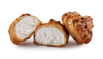 Cut in half and whole porophytole with white cream isolated on a white background. Eclair with cream.