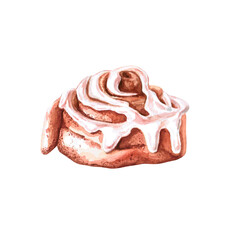 Cinabon, a bun in watercolor illustration on a white background. Hand drawn baking illustration for cafe, menu, cookbooks, coffee brand logo, bakery.