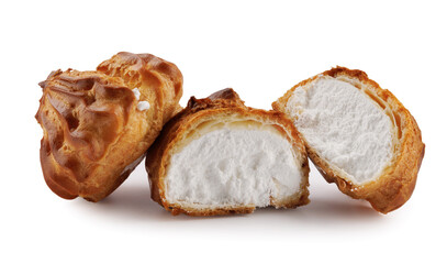 Cut in half and whole porophytole with white cream isolated on a white background. Eclair with cream.